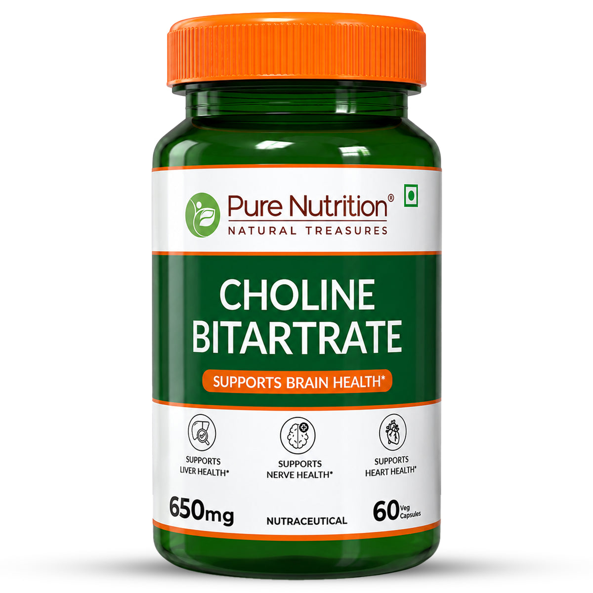 Pure Nutrition Choline Bitartrate (650mg) – 60 Veg Capsules | Supports Brain, Nerve, Liver & Heart Health | Nootropic Supplement for Cognitive Function