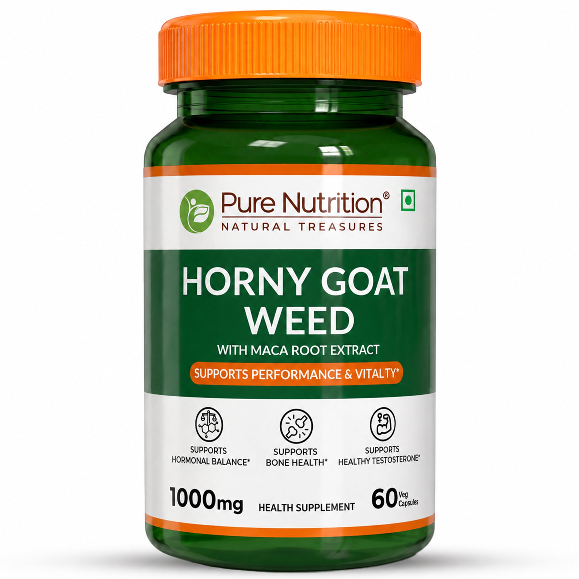 Pure Nutrition Horny Goat Weed with Maca Root Extract 1000mg – 60 Veg Capsules | Supports Energy, Stamina, Bone & Hormonal Health