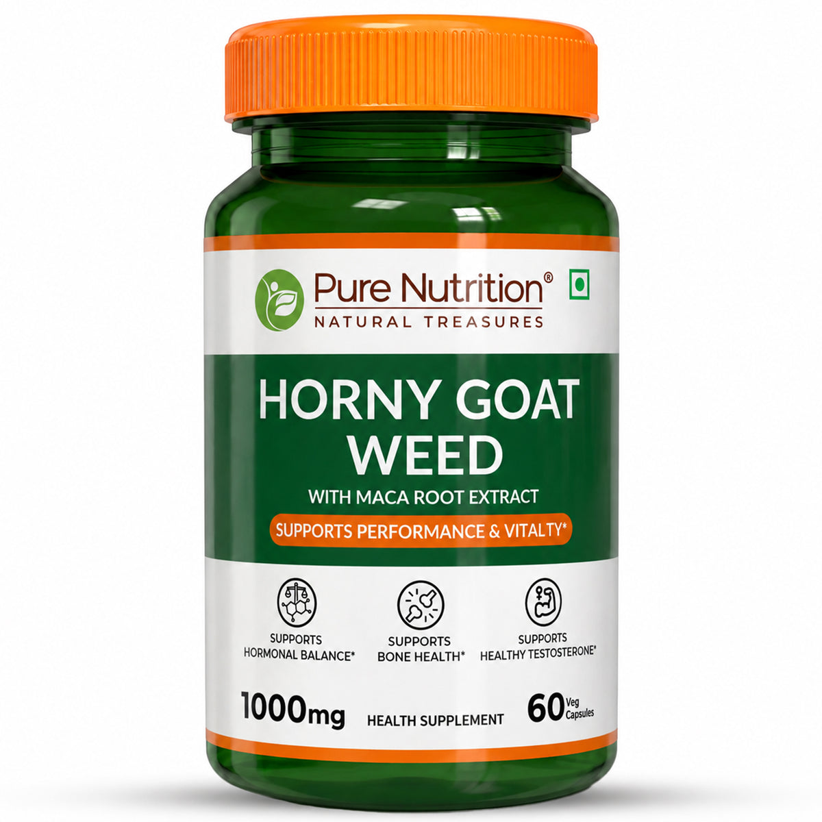 Pure Nutrition Horny Goat Weed with Maca Root Extract 1000mg – 60 Veg Capsules | Supports Energy, Stamina, Bone & Hormonal Health