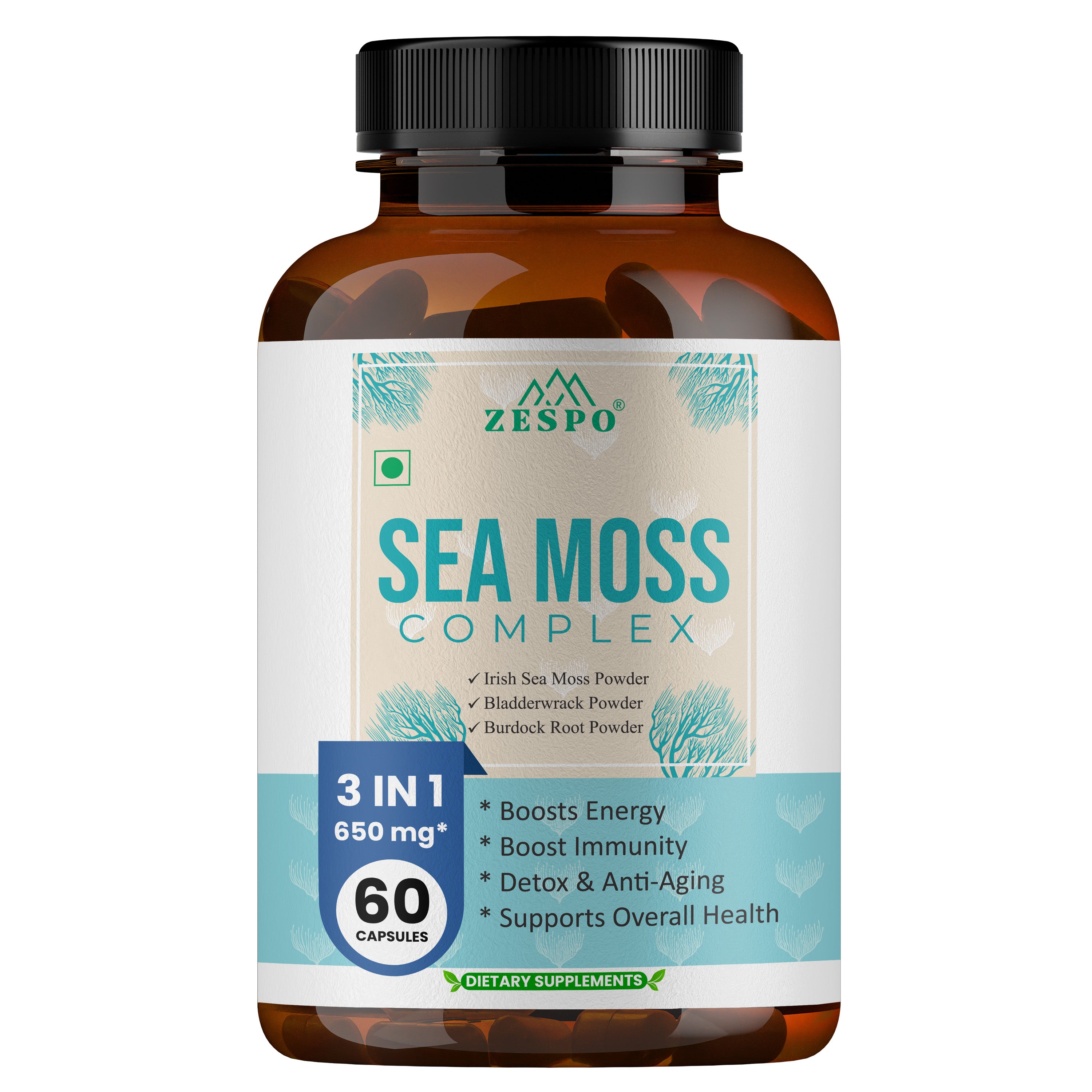 Zespo Sea Moss Complex 3 in 1 – 650 mg Per Capsule with Irish Sea Moss, Bladderwrack & Burdock Root Powder – Supports Energy, Immunity, Natural Detox – 60 Capsules