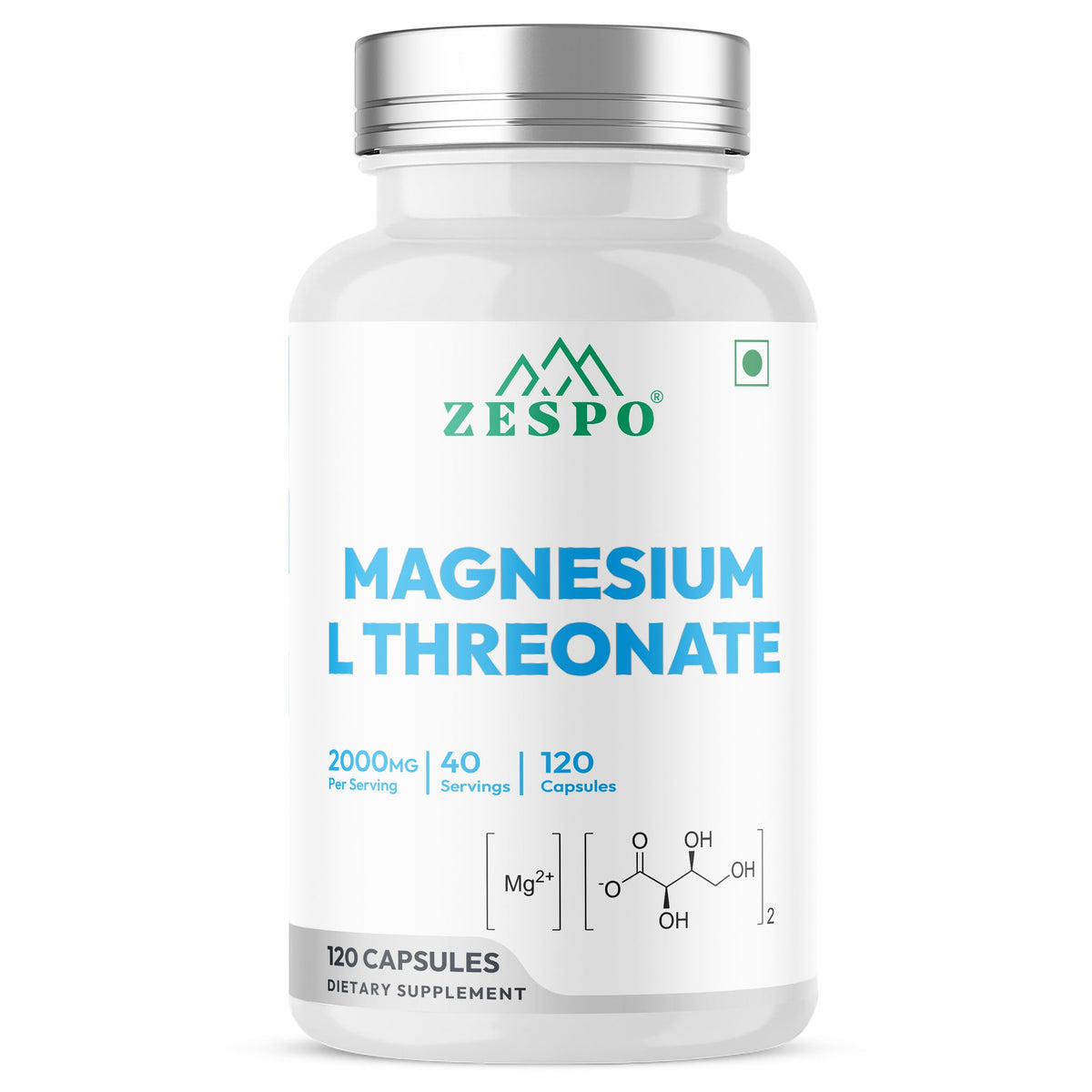 Zespo Magnesium L-Threonate – Providing 144 mg Elemental Magnesium – Supports Brain Health, Memory, Focus, Calm Mood 120 Capsules