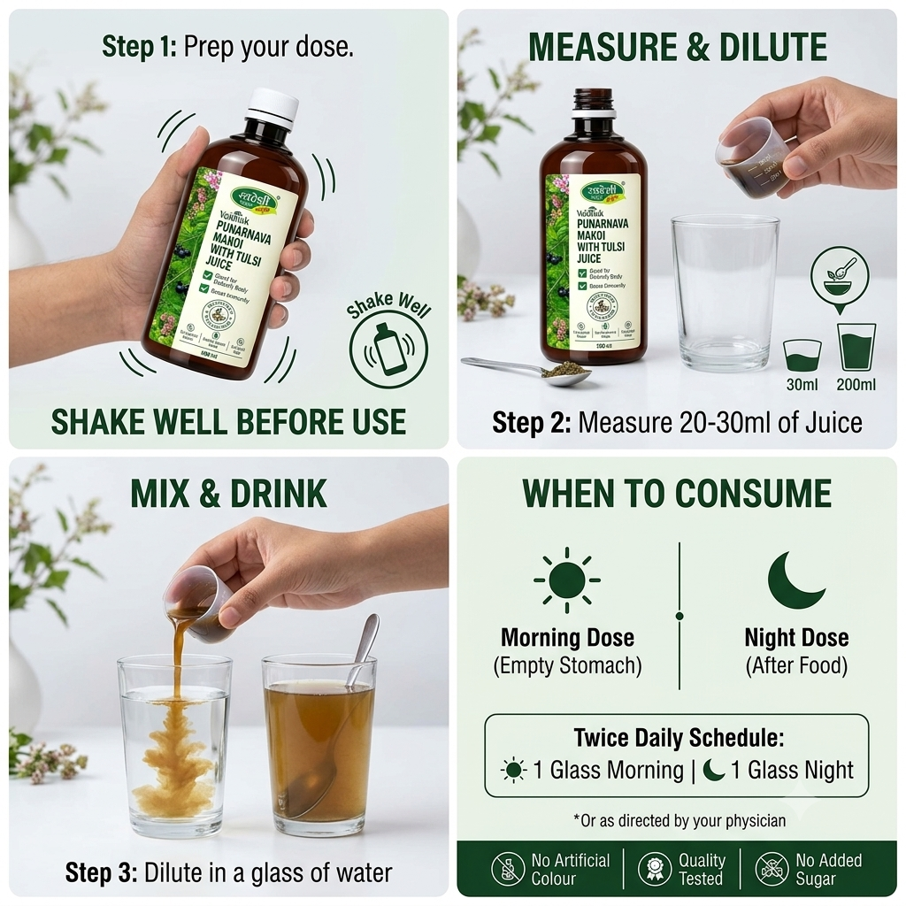 Swadeshi Ayurved Punarnava Makoi with Tulsi Juice 500 ml | Body Detox & Immunity Support.