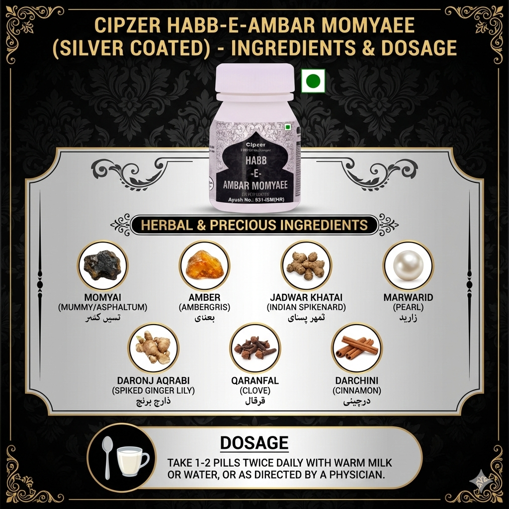 Cipzer Habb-E-Ambar Momyaee (Silver Coated) Pill - 10 Pills | Vitality, Energy, Nerve Strength & Male Health Tonic