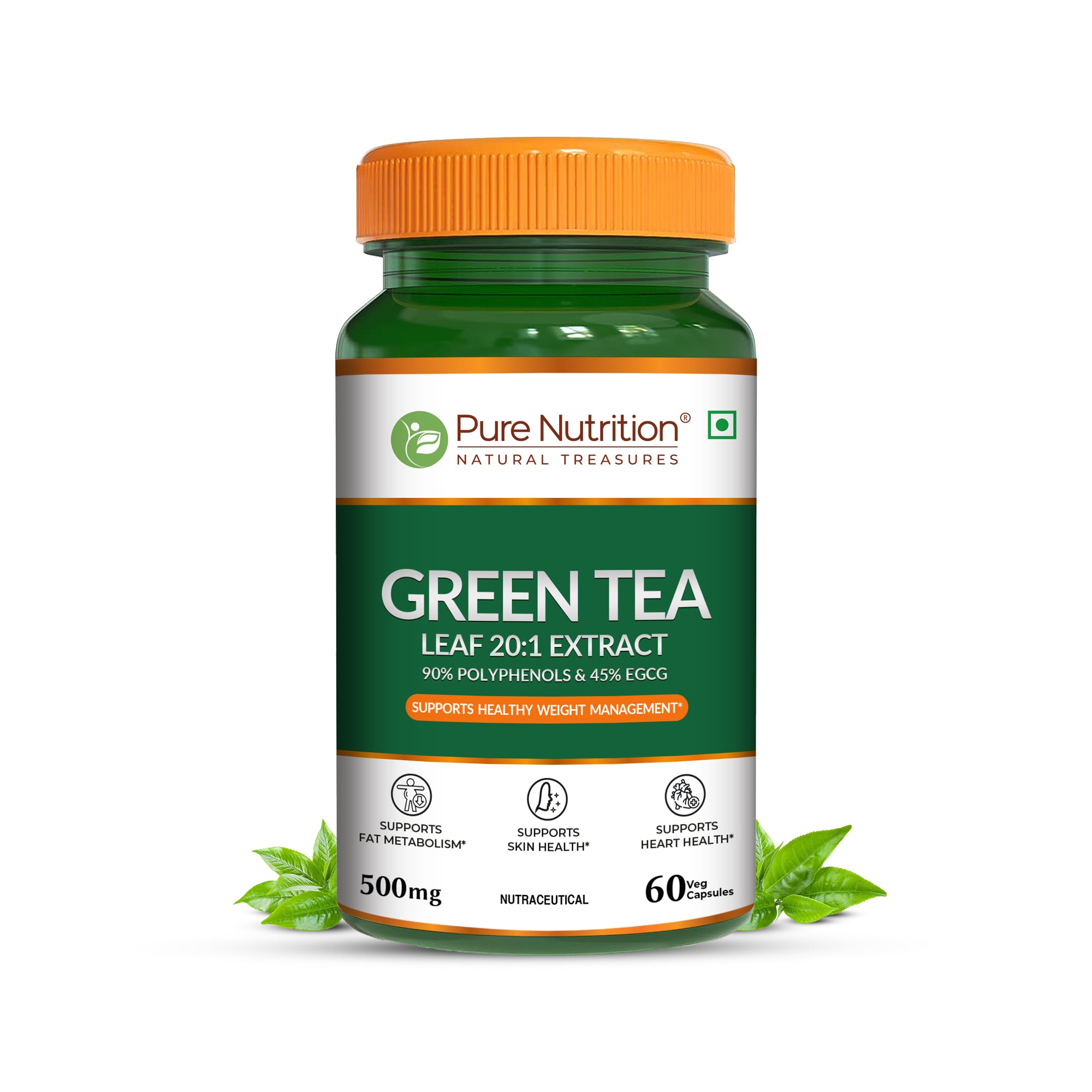 Pure Nutrition Green Tea Leaf Extract 500mg 20:1 60 Veg Capsules for antioxidant and daily wellness support