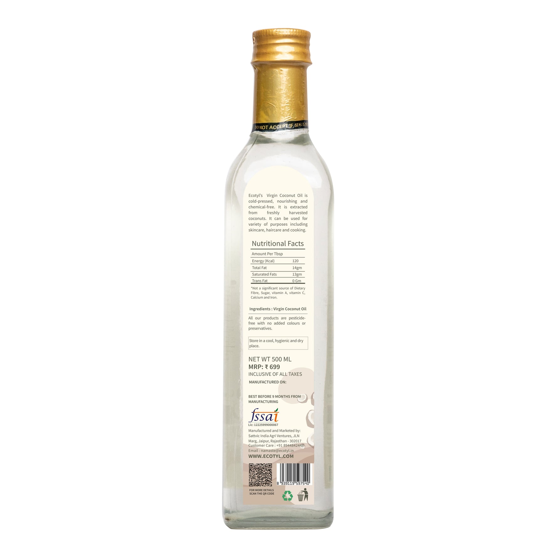 Ecotyl Cold-Pressed Virgin Coconut Oil for Nutritional Enrichment & Dermal Nourishment (500ml)