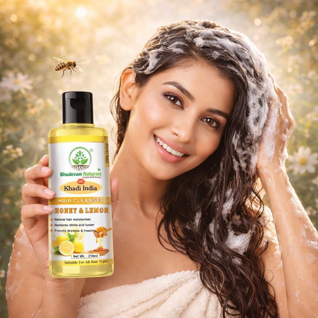 Bhudevam Naturals Khadi Honey Lemon Shampoo for Dandruff Control & Fresh, Healthy Hair- 210ML