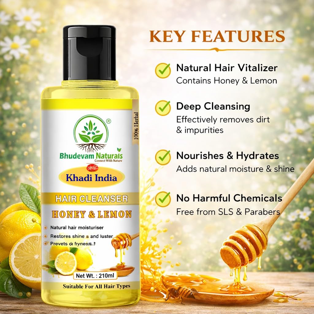 Bhudevam Naturals Khadi Honey Lemon Shampoo for Dandruff Control & Fresh, Healthy Hair- 210ML