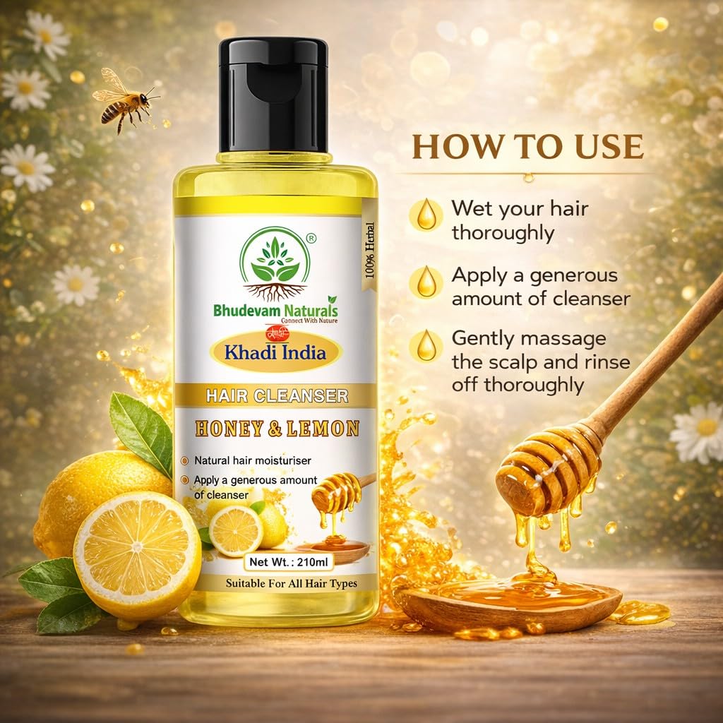 Bhudevam Naturals Khadi Honey Lemon Shampoo for Dandruff Control & Fresh, Healthy Hair- 210ML