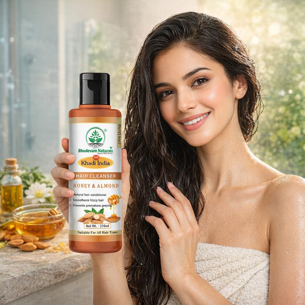 Bhudevam Naturals Khadi Honey Almond Shampoo for Soft, Silky & Shiny Hair- 210ML