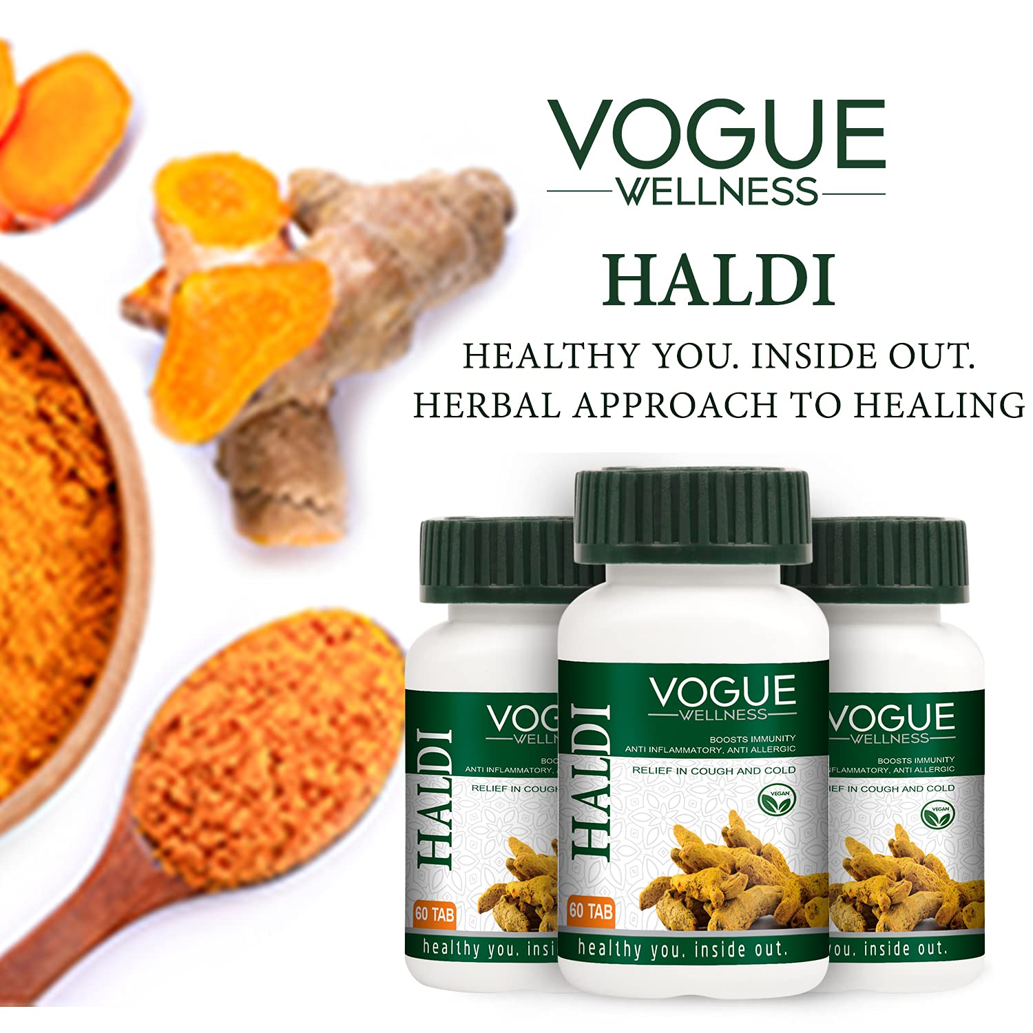 Vogue Wellness Haldi Tablets | Turmeric (Curcuma Longa) Extract | Ayurvedic Herbal Supplement with Natural Curcuminoids for Joint Wellness, Immunity & Antioxidant Support | 60 Vegetarian Tablets