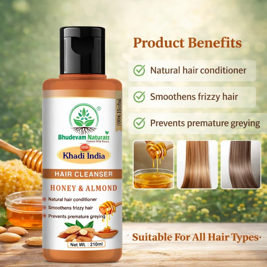 Bhudevam Naturals Khadi Honey Almond Shampoo for Soft, Silky & Shiny Hair- 210ML