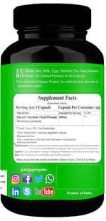 Dr. JPG Organic Harad/Haritaki Powder capsules 500mg, 120 Veg. INDIA Organic Certified.