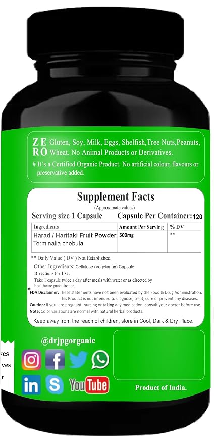 Dr. JPG Organic Harad/Haritaki Powder capsules 500mg, 120 Veg. INDIA Organic Certified.