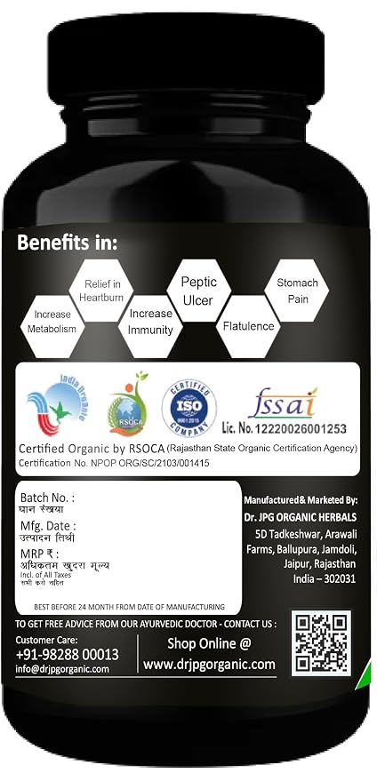 Dr. JPG Organic Harad/Haritaki Powder capsules 500mg, 120 Veg. INDIA Organic Certified.