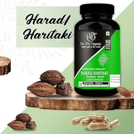 Dr. JPG Organic Harad/Haritaki Powder capsules 500mg, 120 Veg. INDIA Organic Certified.