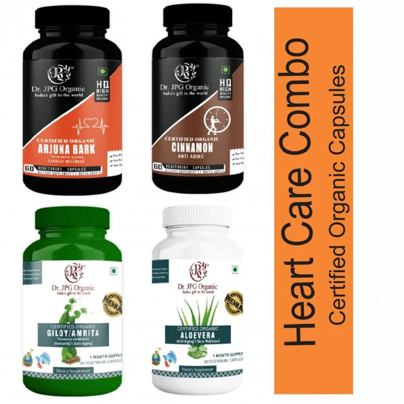 DR. JPG ORGANIC Arjuna, Cinnamon, Aloe Vera & Giloy Capsules For Heart Care 240 veg. Capsules (60 Cap. In Each Bottle) INDIA Organic Certified.