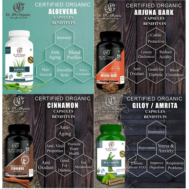 DR. JPG ORGANIC Arjuna, Cinnamon, Aloe Vera & Giloy Capsules For Heart Care 240 veg. Capsules (60 Cap. In Each Bottle) INDIA Organic Certified.