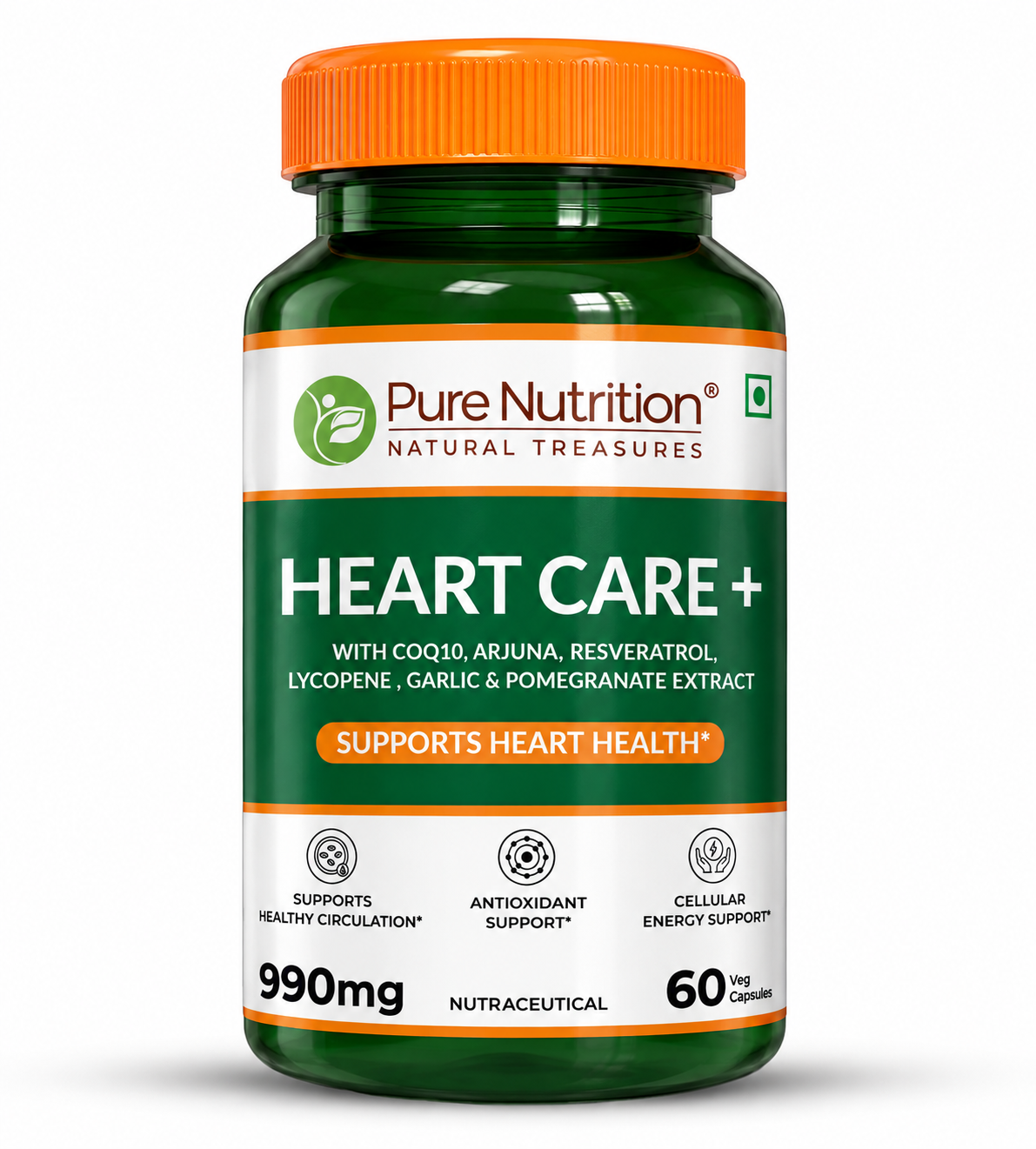 Pure Nutrition Heart Care+ 990mg 60 Veg Capsules with CoQ10, Arjuna, Resveratrol, Lycopene, Garlic and Pomegranate Extract for heart health support