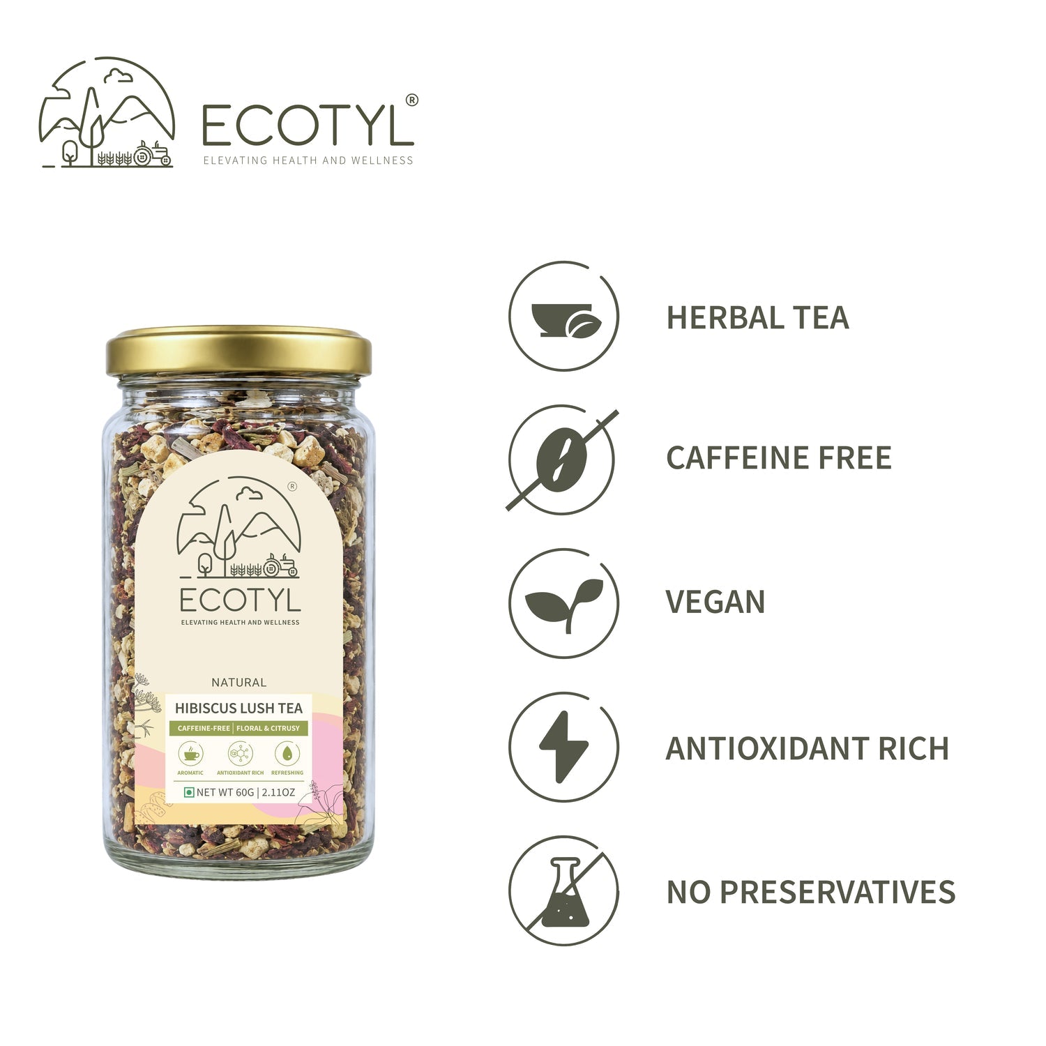 Ecotyl Hibiscus Lush Tea | Rich in Antioxidants | Herbal Tea | 60g