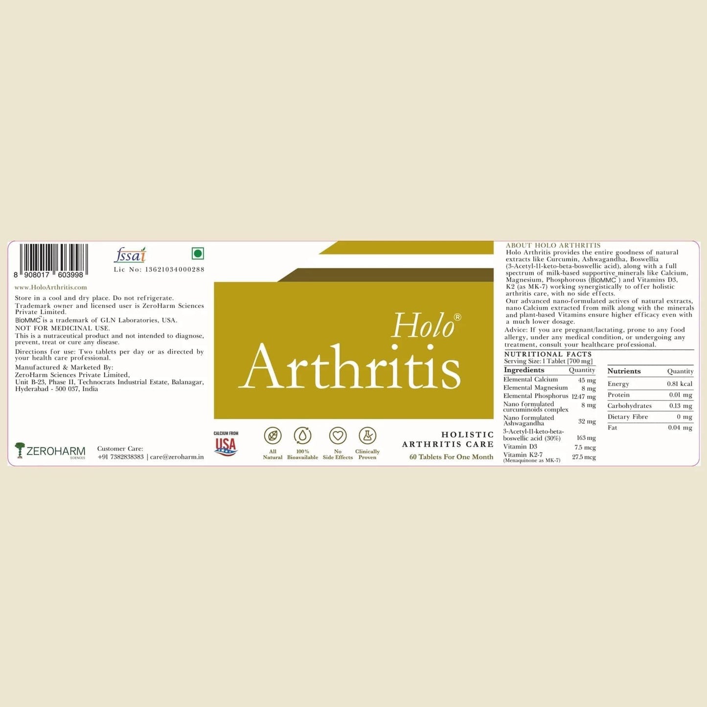 Zeroharm Sciences Holo Arthritis Tablet for Knee, Back Pain and Joint Support