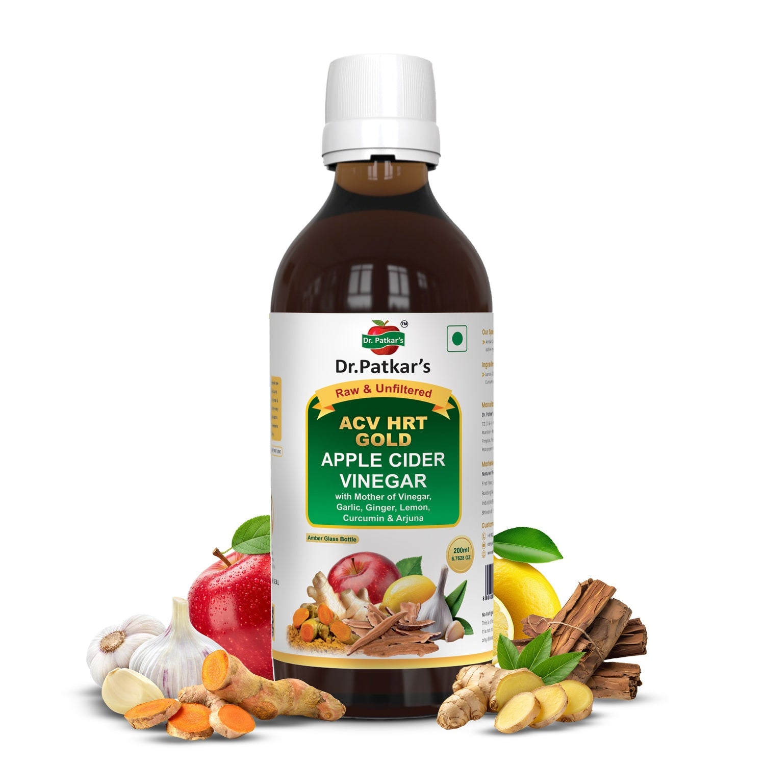 Dr. Patkar's ACV HRT GOLD | Apple Cider Vinegar with Arjuna, Curcumin, Ginger, Garlic & Lemon | 2X Formula Health Shot | Cholesterol Care | Immunity, Heart & Gut Support | Raw & Unfiltered (200 ML)