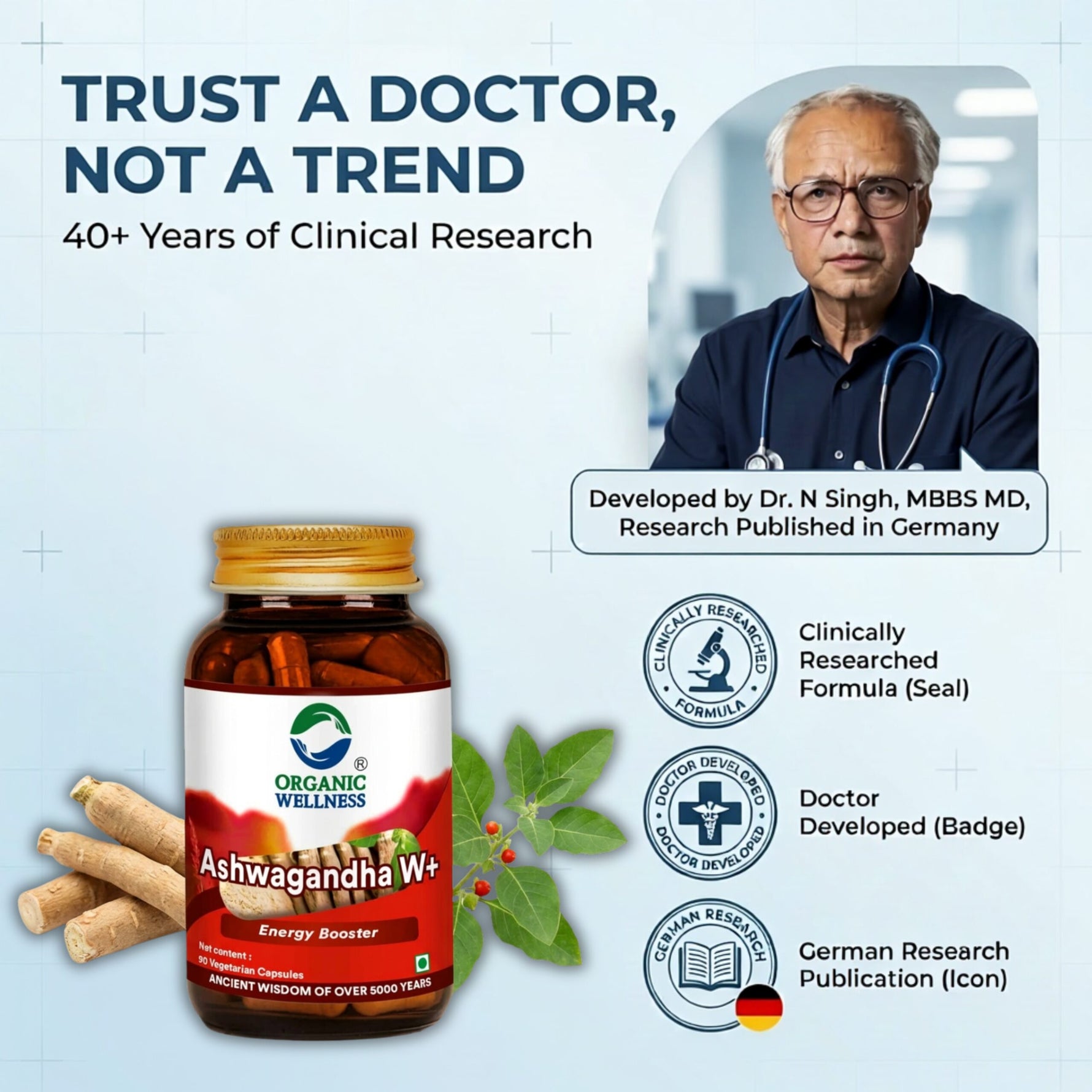 Organic Wellness Ashwagandha | Certified Ashwagandha | For Immunity, Stress Relief & General Wellness | 90 Capsule Bottle