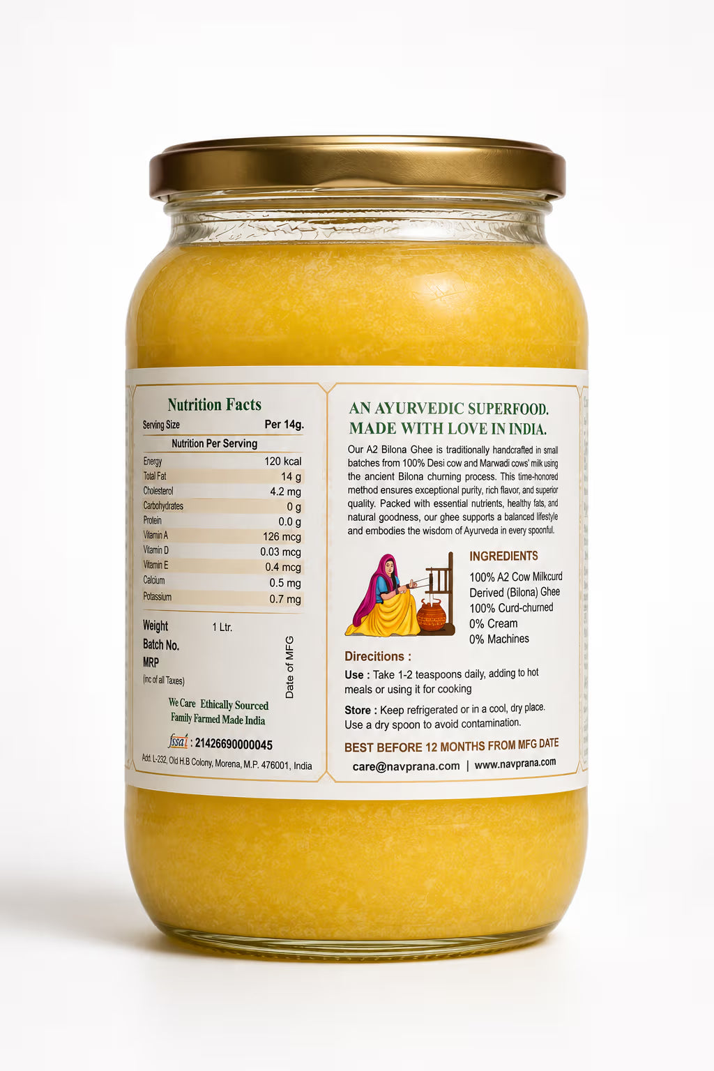 NavPrana Organics Desi Cow A2 Bilona Ghee (1 Ltr)