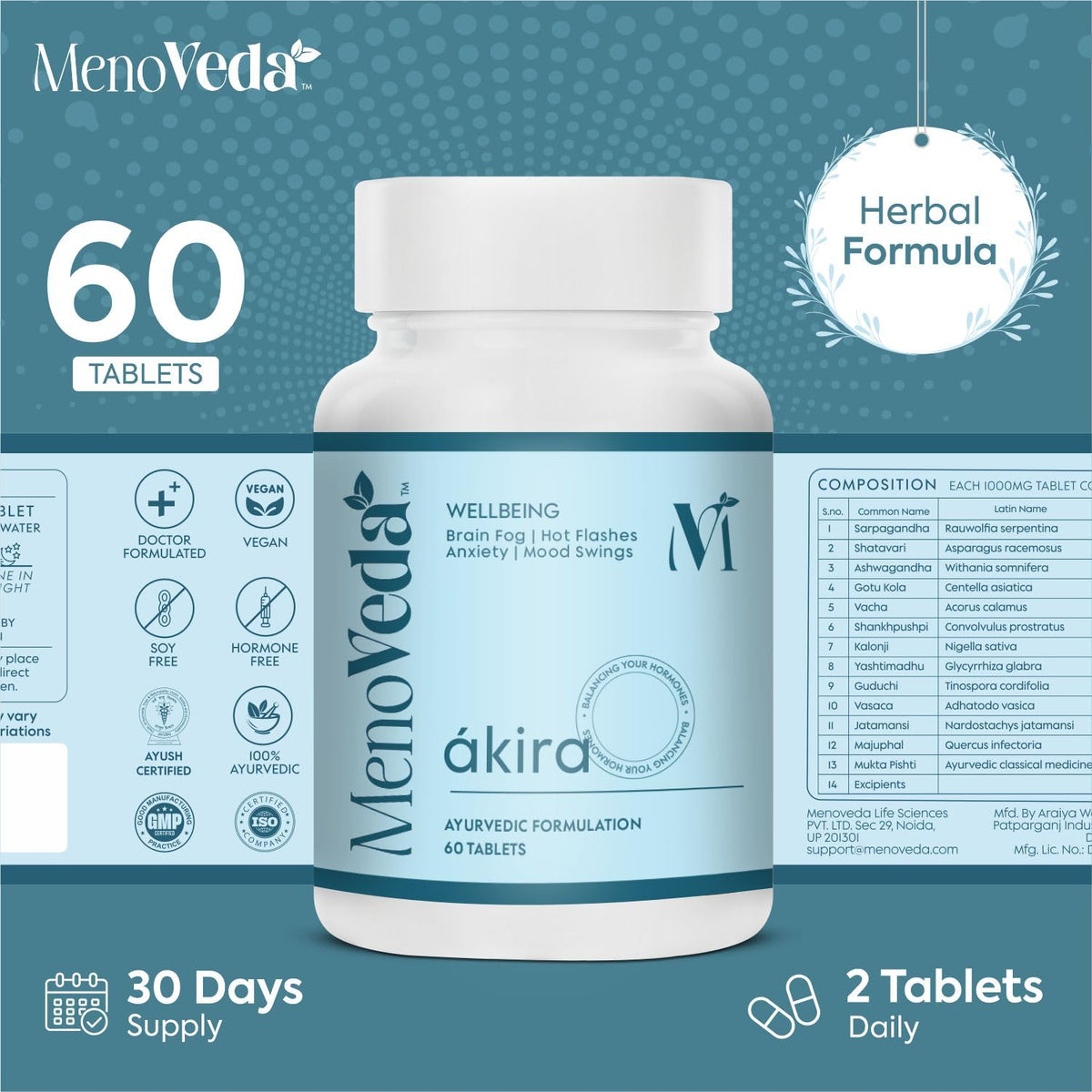 Menoveda Akira Peri & Post Menopause Support Supplement | Hormonal Balance & Night Sweat Relief | 60 Tablets