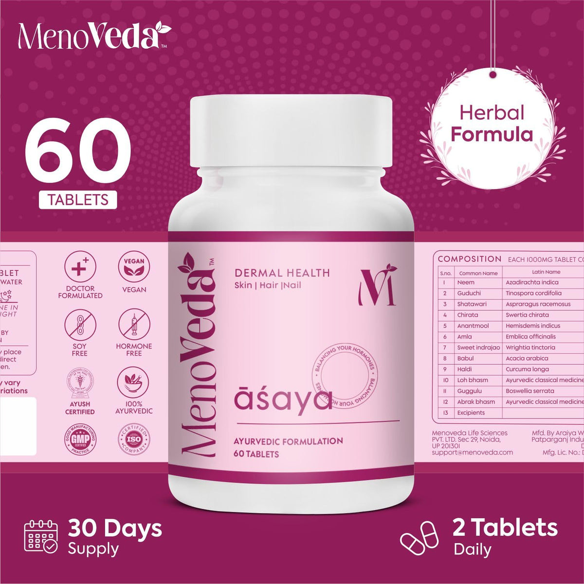 Menoveda Asaya Peri & Post Menopause Support Supplement | Skin Radiance, Hair Fall & Intimate Care | 60 Tablets