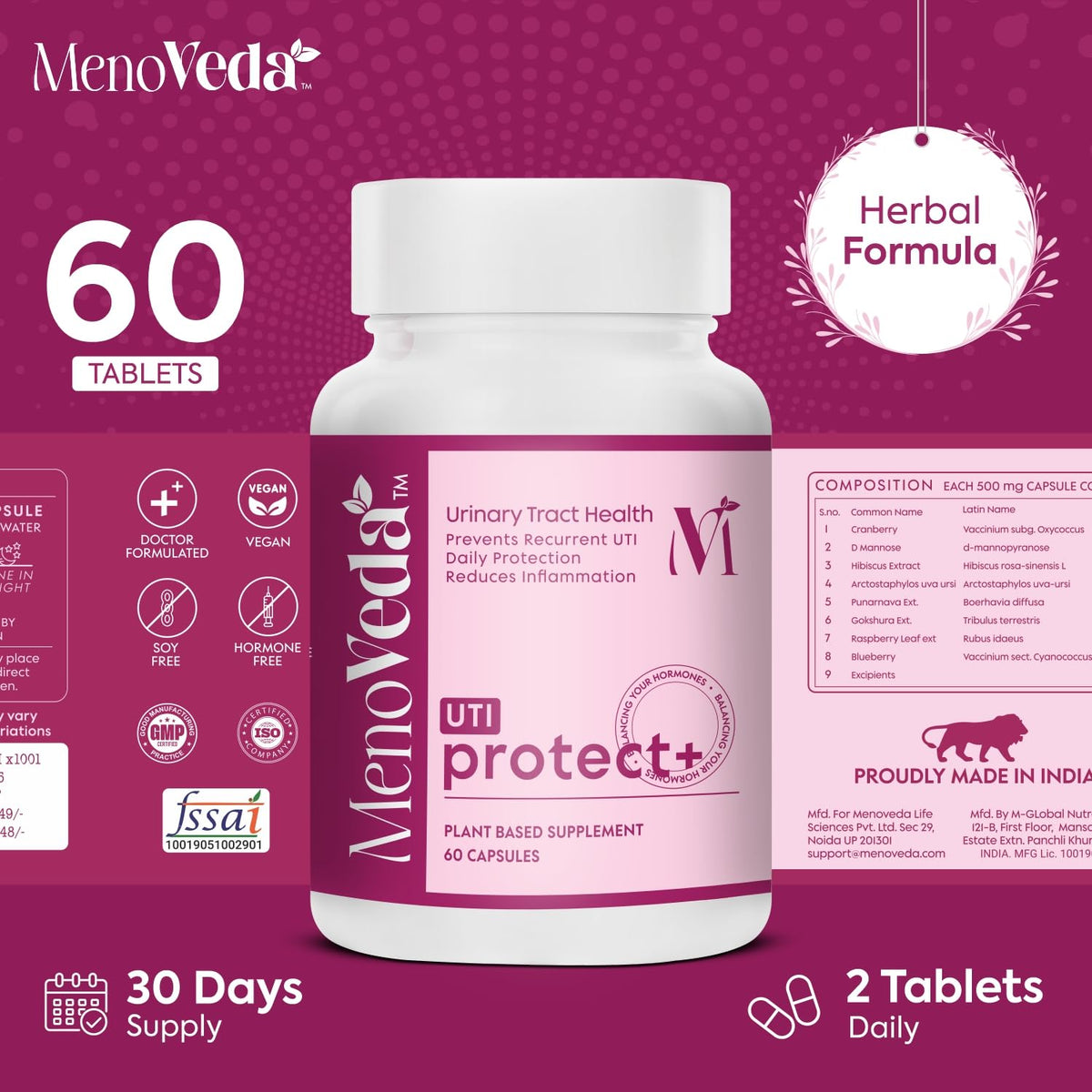 Menoveda UTI Protect Urinary Tract Support Capsules | Bladder & Kidney Health | 60 Capsules