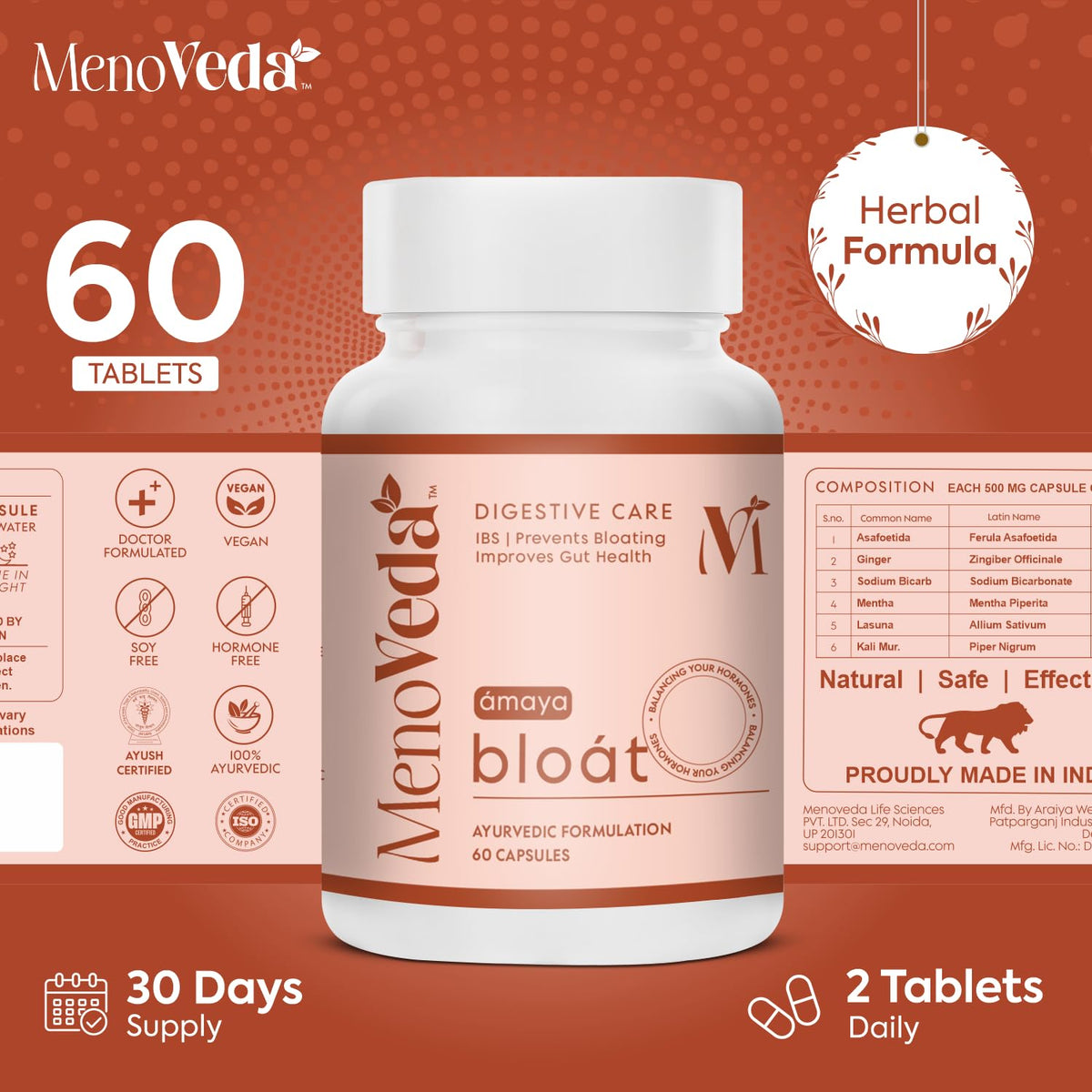 Menoveda Bloat Gut Health & Digestion Support Capsules | Relief from Gas, Acidity & IBS | 60 Capsules