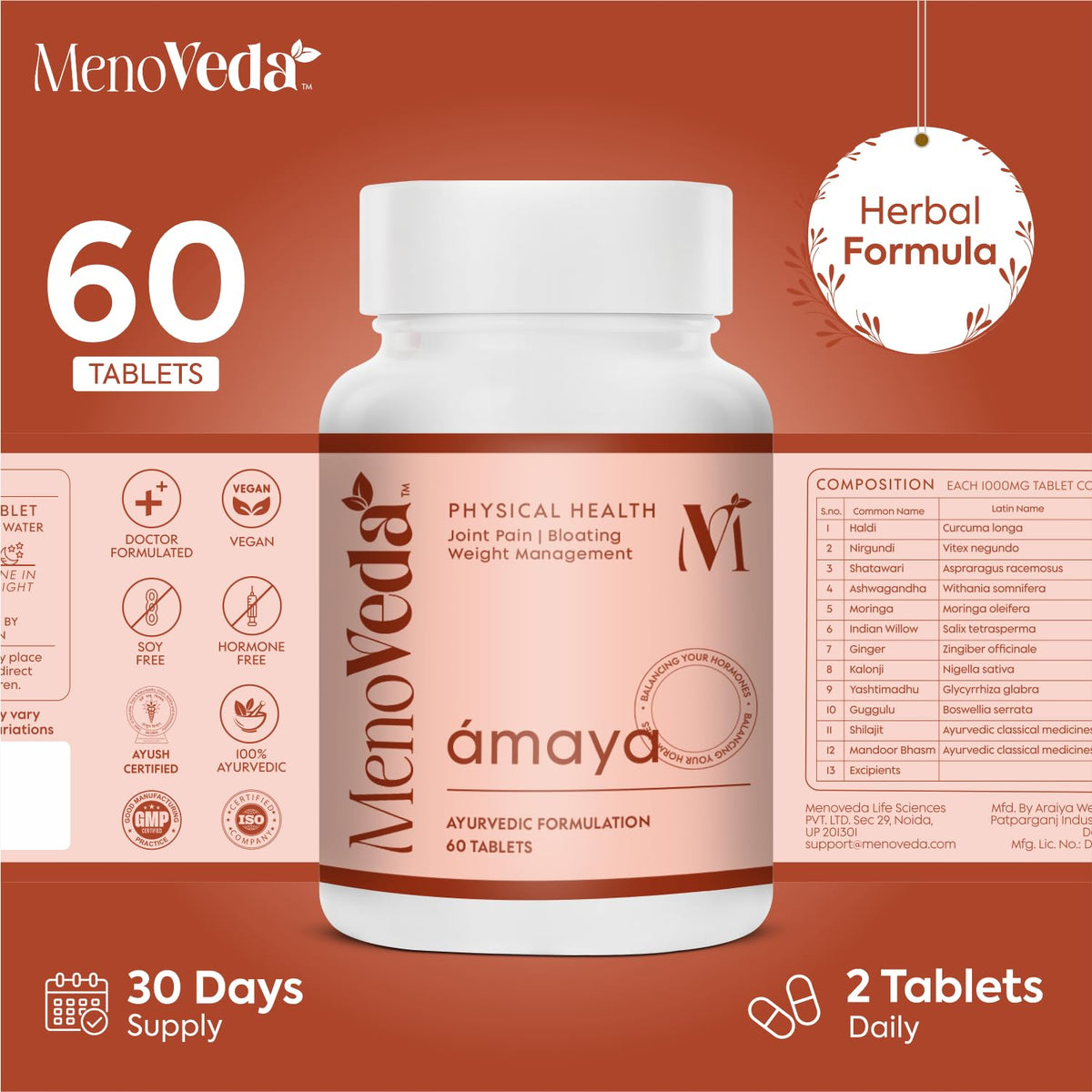 Menoveda Amaya Peri & Post Menopause Support Supplement | Joint Pain, Bloating & Bone Health | 60 Tablets
