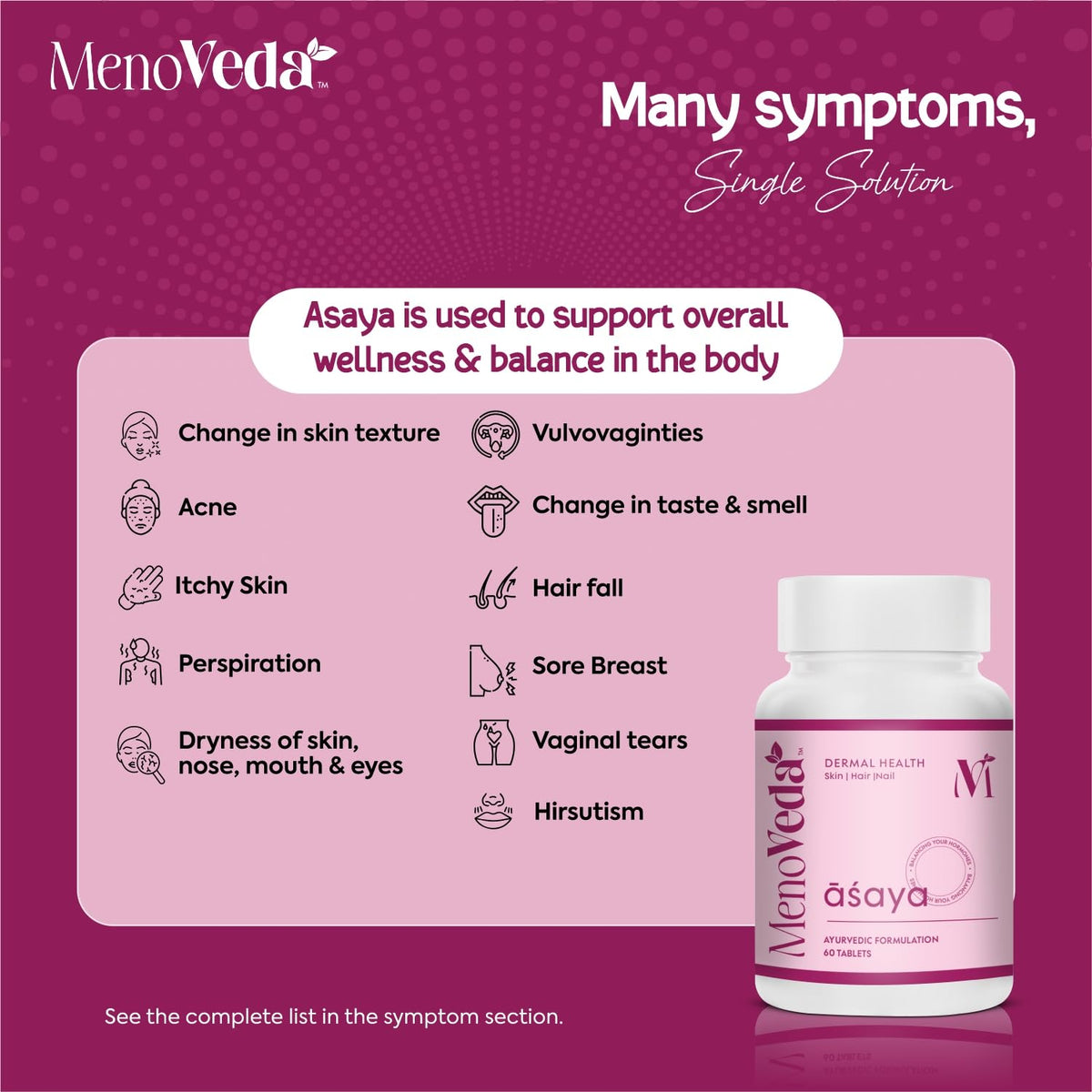 Menoveda Asaya Peri & Post Menopause Support Supplement | Skin Radiance, Hair Fall & Intimate Care | 60 Tablets
