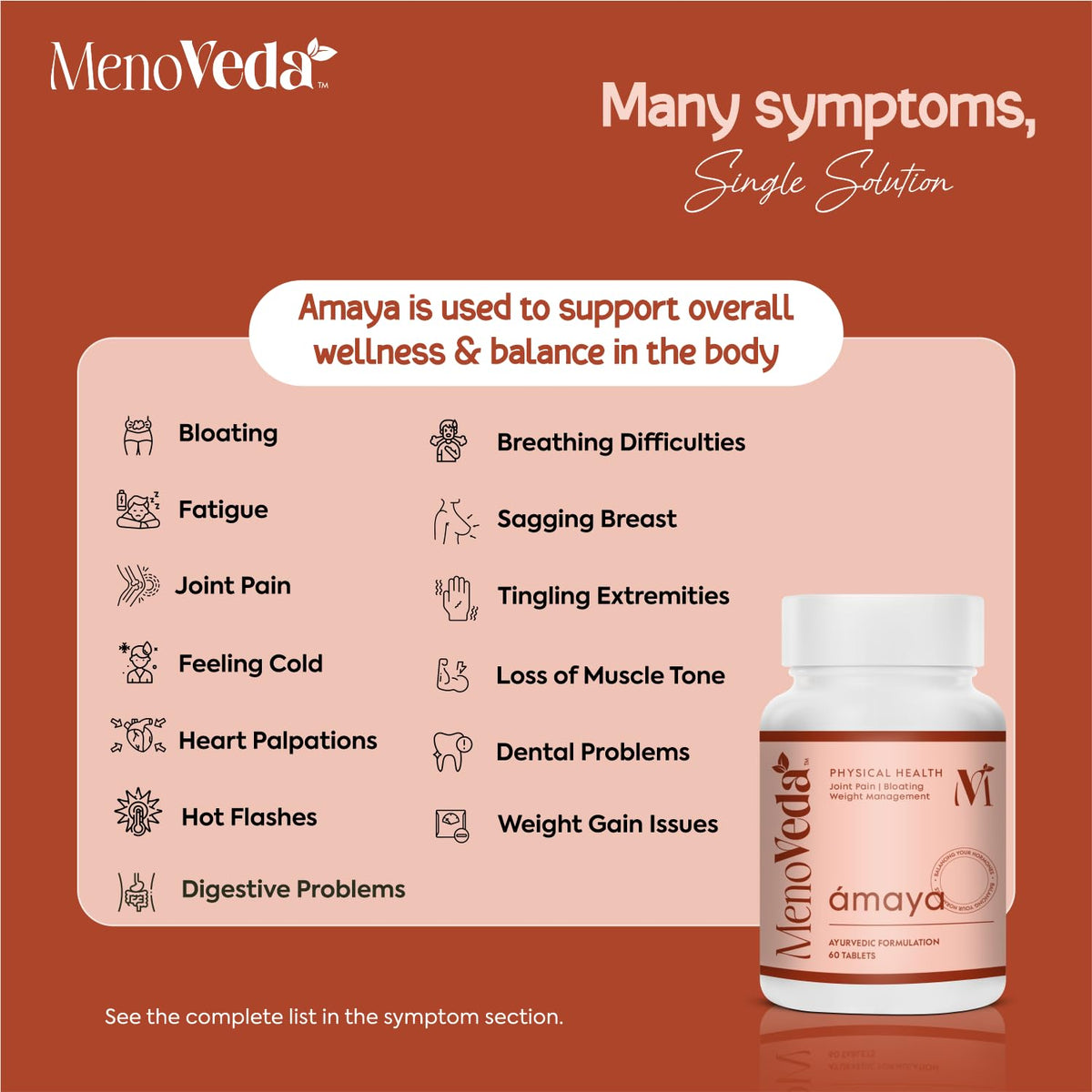 Menoveda Amaya Peri & Post Menopause Support Supplement | Joint Pain, Bloating & Bone Health | 60 Tablets
