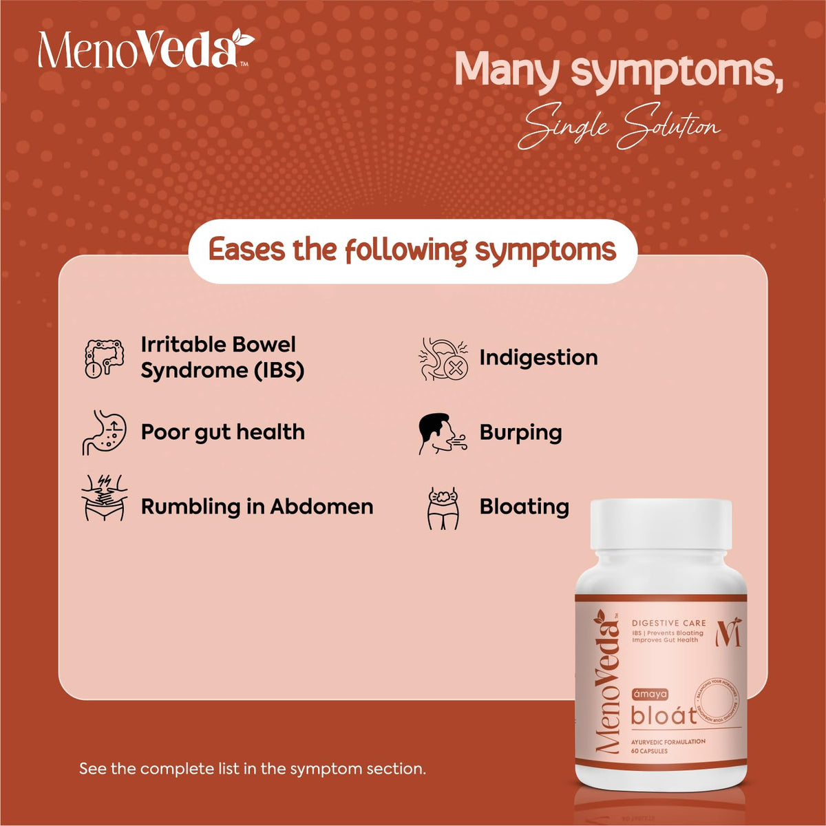 Menoveda Bloat Gut Health & Digestion Support Capsules | Relief from Gas, Acidity & IBS | 60 Capsules
