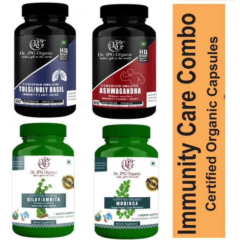 DR JPG Organic Ashwagandha, Giloy, Moringa & Tulsi Capsules For Immunity 240 veg. Capsules (60 Cap. In Each Bottle) INDIA Organic Certified.