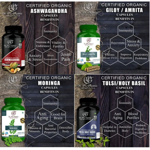 DR JPG Organic Ashwagandha, Giloy, Moringa & Tulsi Capsules For Immunity 240 veg. Capsules (60 Cap. In Each Bottle) INDIA Organic Certified.