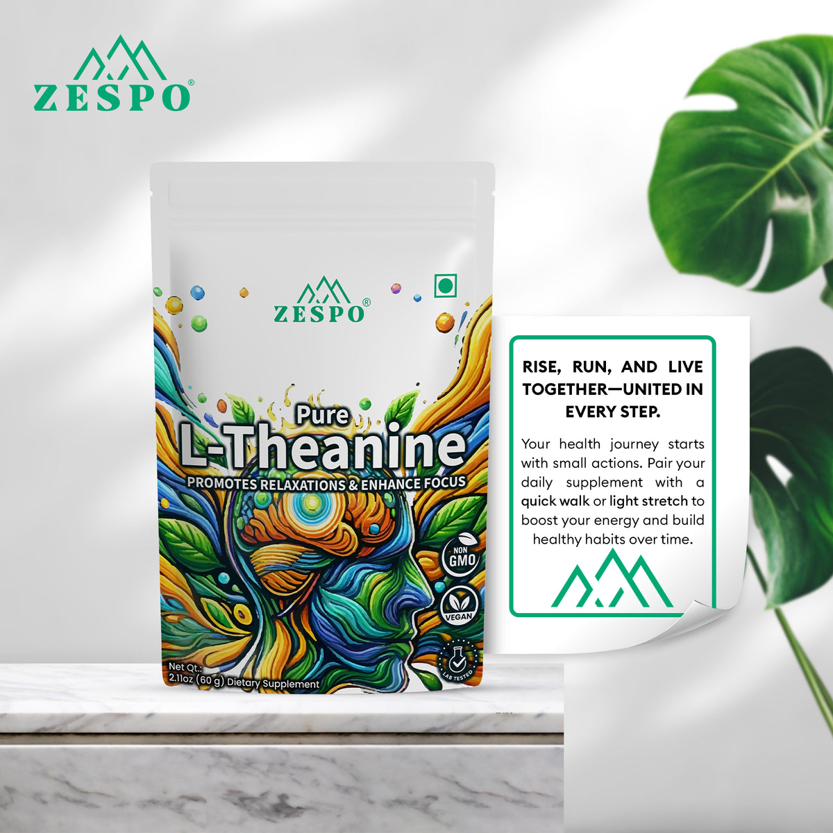 Zespo Pure L-Theanine Powder 250 mg Per Scoop – Supports Relaxation, Focus, Calm Mood & Mental Clarity – Vegan Green Tea Amino Acid – 60 g