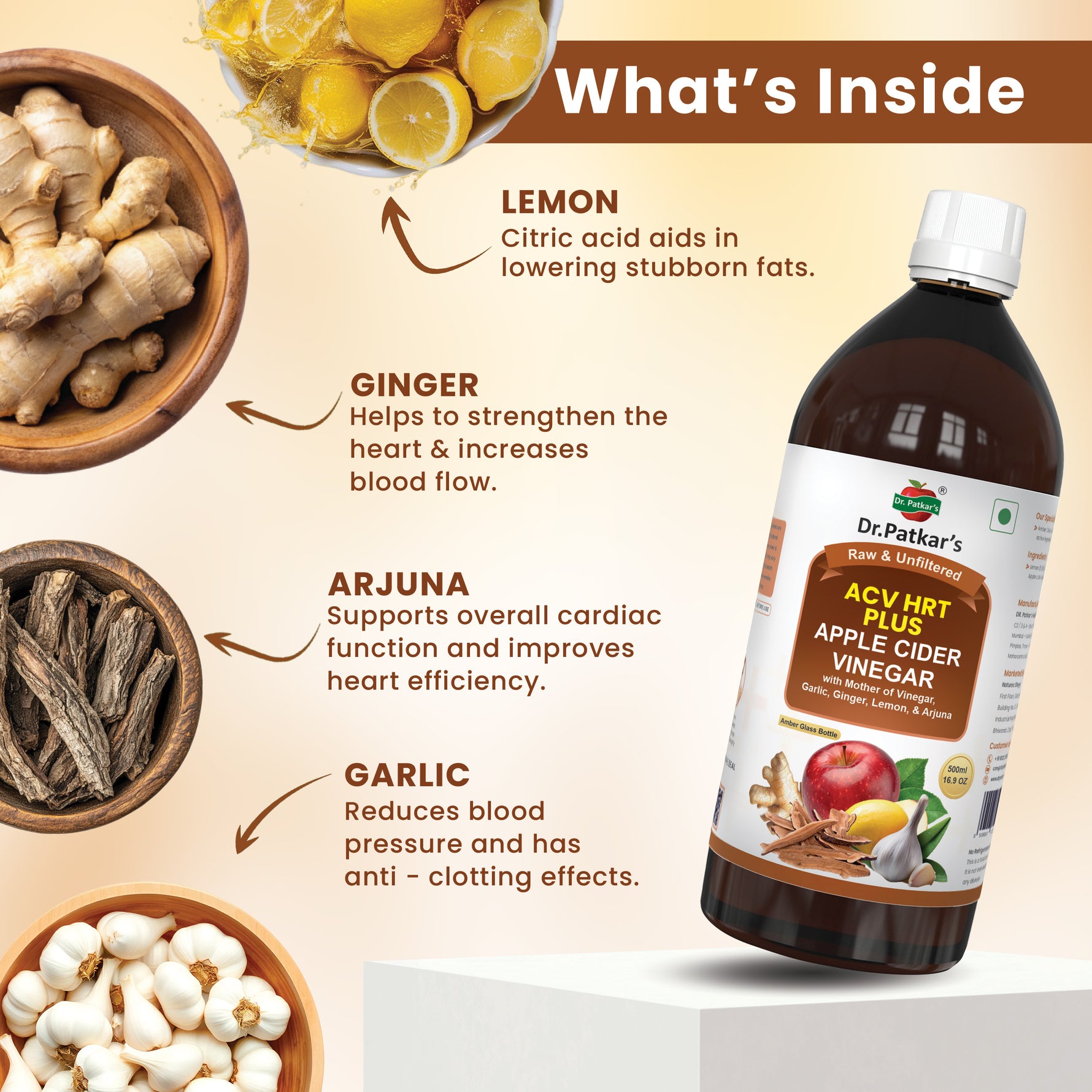 Dr. Patkar's Apple Cider Vinegar with Ginger, Garlic, Lemon & Arjuna (ACV HRT PLUS) + Formula Morning Detox Tonic Heart, Immunity & Digestion Support 1000 ML (Pack of 1)