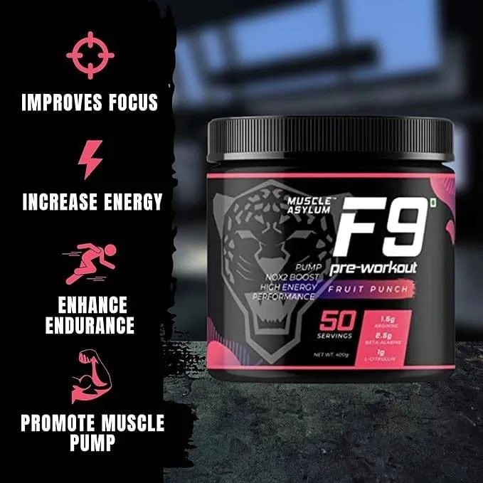 Muscle Asylum F9 Pre-Workout Fruit Punch - 50 Serving - 400gm