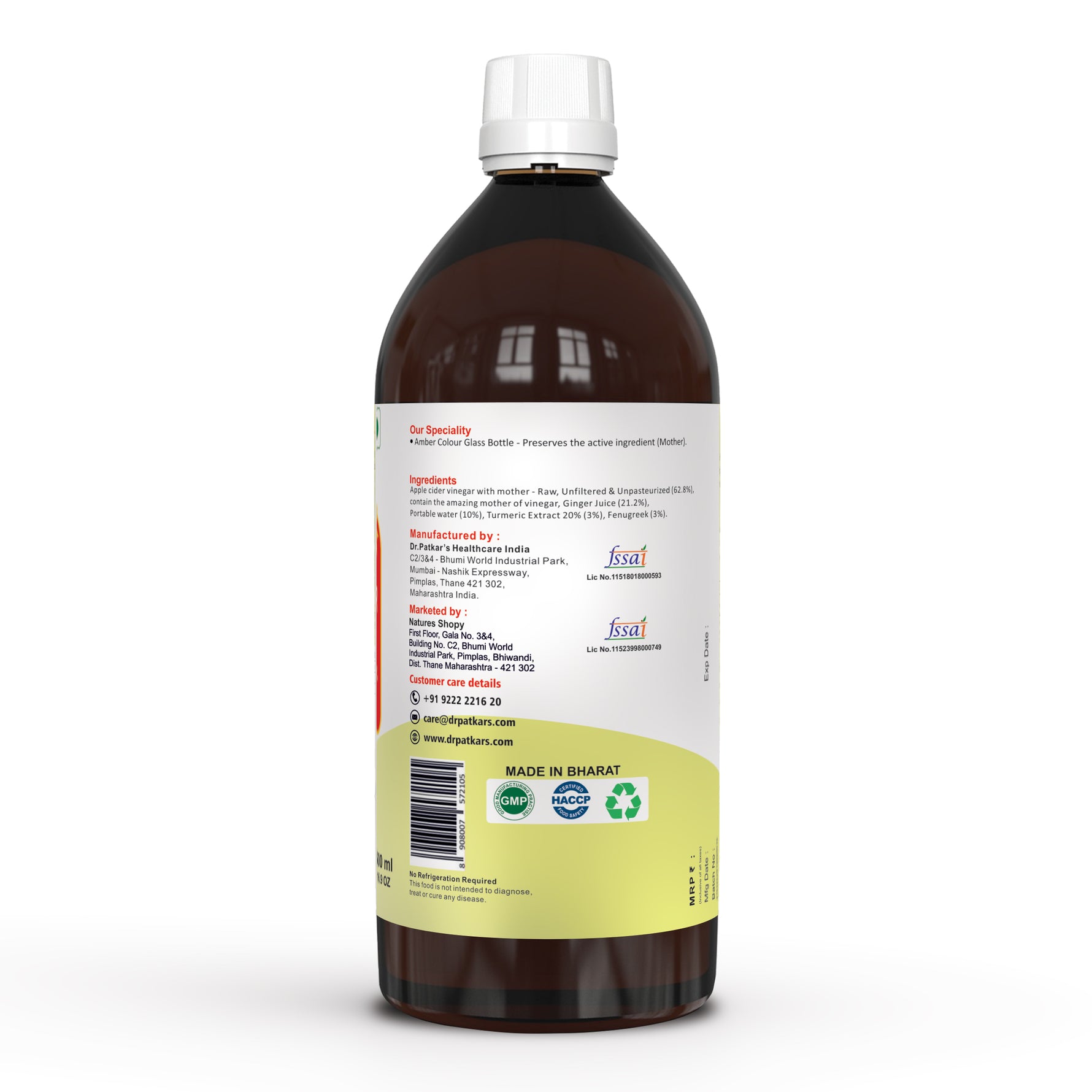 Dr. Patkar's Apple Cider Vinegar Ginger, Turmeric & Fenugreek with the Mother (500ml Each)