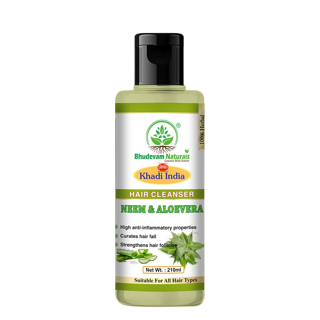 Bhudevam Naturals Khadi Neem & Aloe Vera Shampoo – Reduces Hair Fall & Adds Shine- 210ML