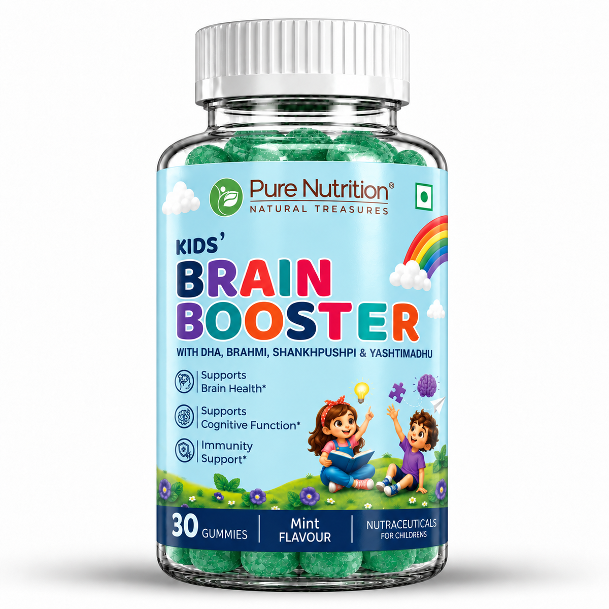 Pure Nutrition Kids' Brain Booster Gummies 30 Gummies with DHA and Brahmi for brain and cognitive support