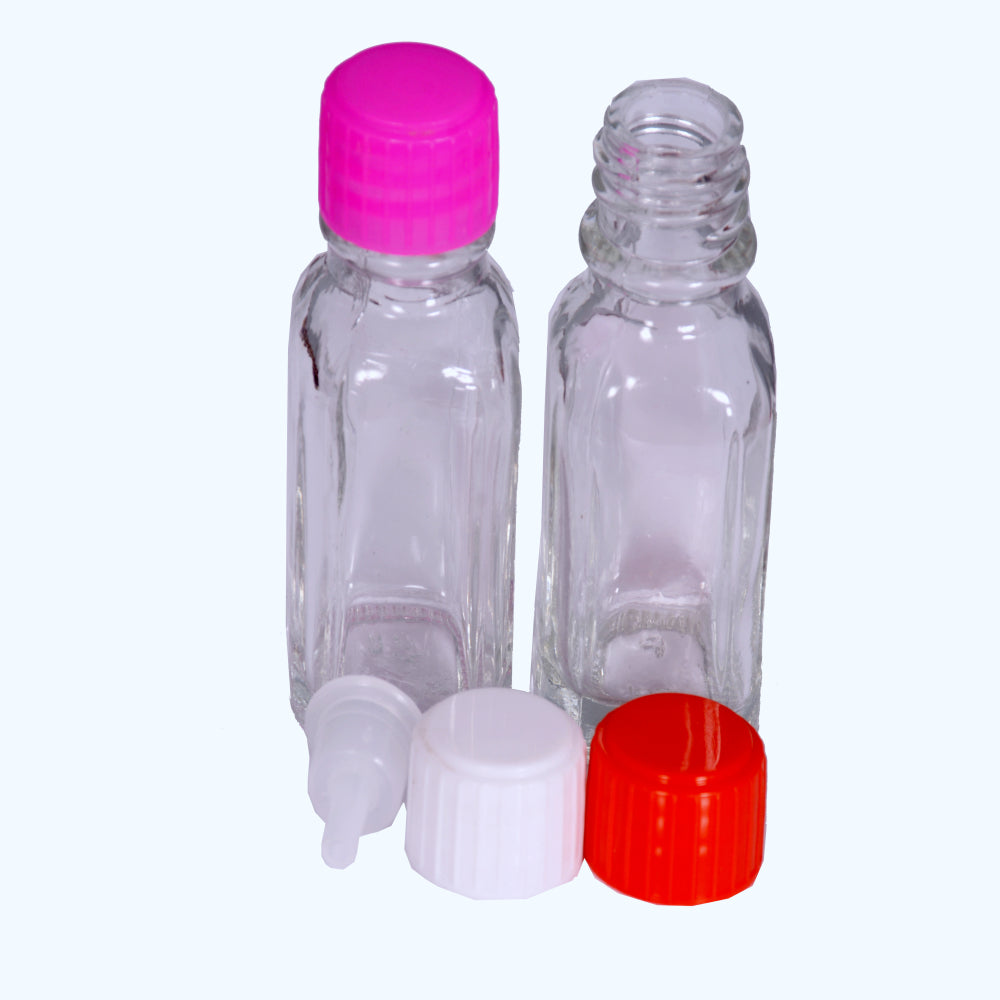 15 ml Clear Glass Bottle With Dropper and Multicolour Cap Pack of 50pc