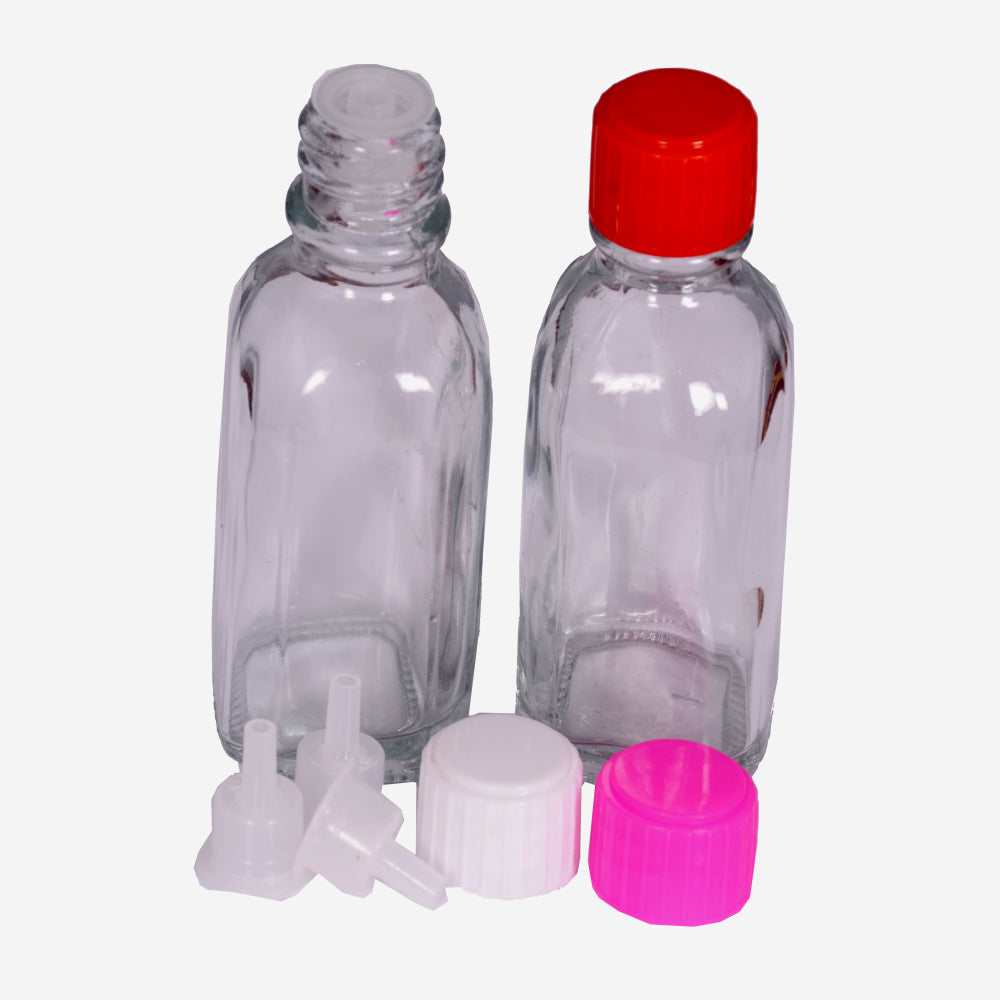30 ml clear glass bottle with dropper and multicolour cap pack of 50 pc transparent color