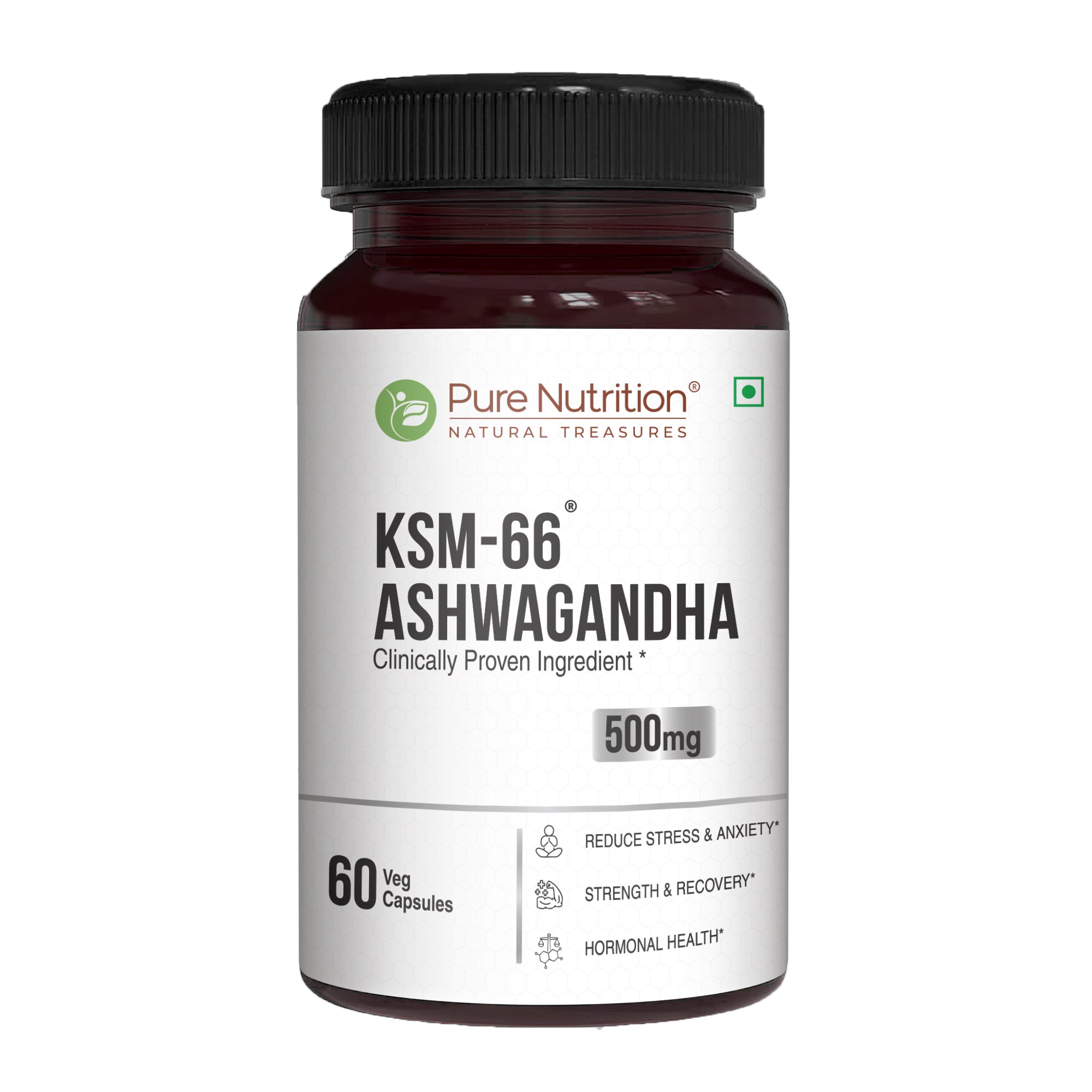 Pure Nutrition Ashwagandha KSM66 (500mg) - 60 Capsules | Ashwagandha Supplement for Men & Women | Clinically Studied Root Extract | Supports Stress Relief, Energy, Stamina & Recovery