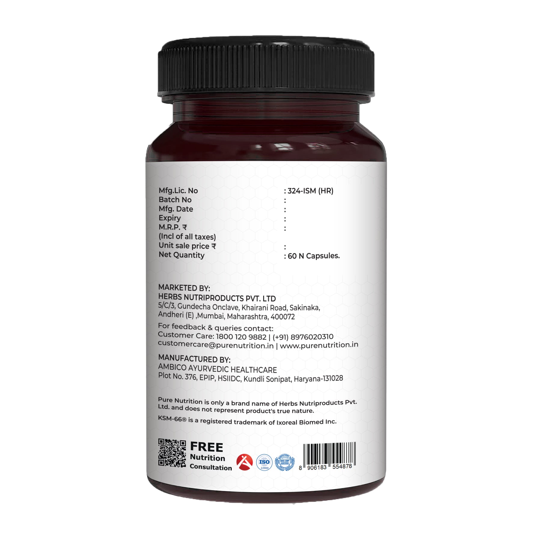 Pure Nutrition Ashwagandha KSM66 (500mg) - 60 Capsules | Ashwagandha Supplement for Men & Women | Clinically Studied Root Extract | Supports Stress Relief, Energy, Stamina & Recovery