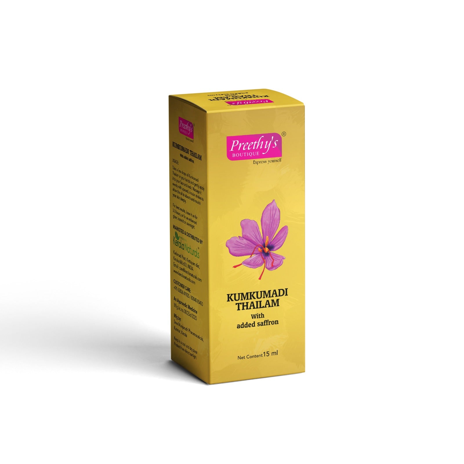 Preethy's Boutique Kumkumadi Oil 15ml - Saffron Face Oil for Skin Glow