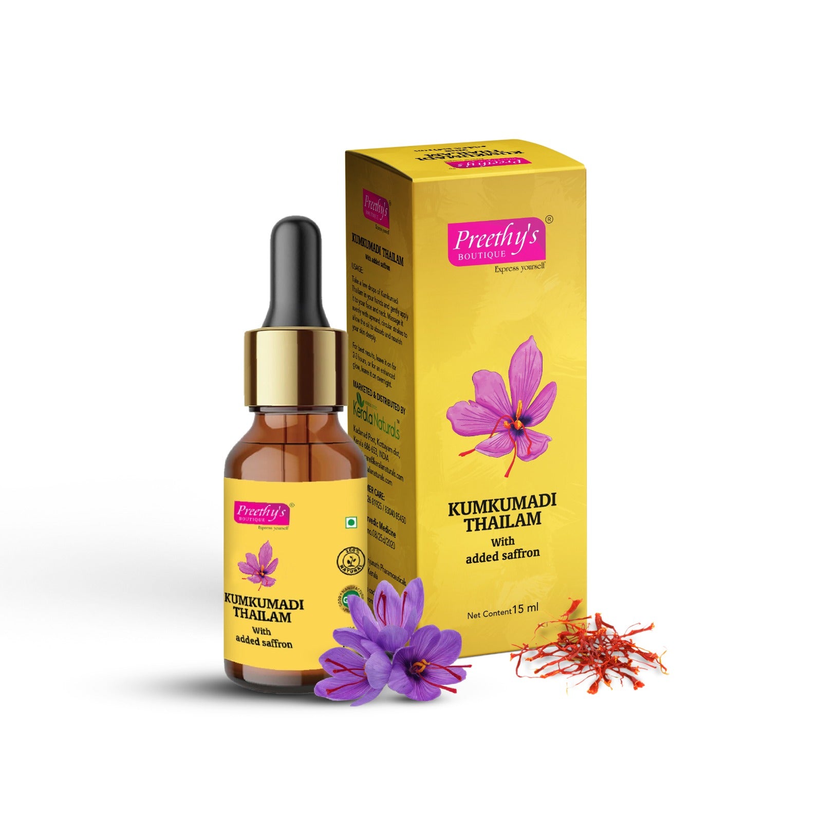 Preethy's Boutique Kumkumadi Oil 15ml - Saffron Face Oil for Skin Glow