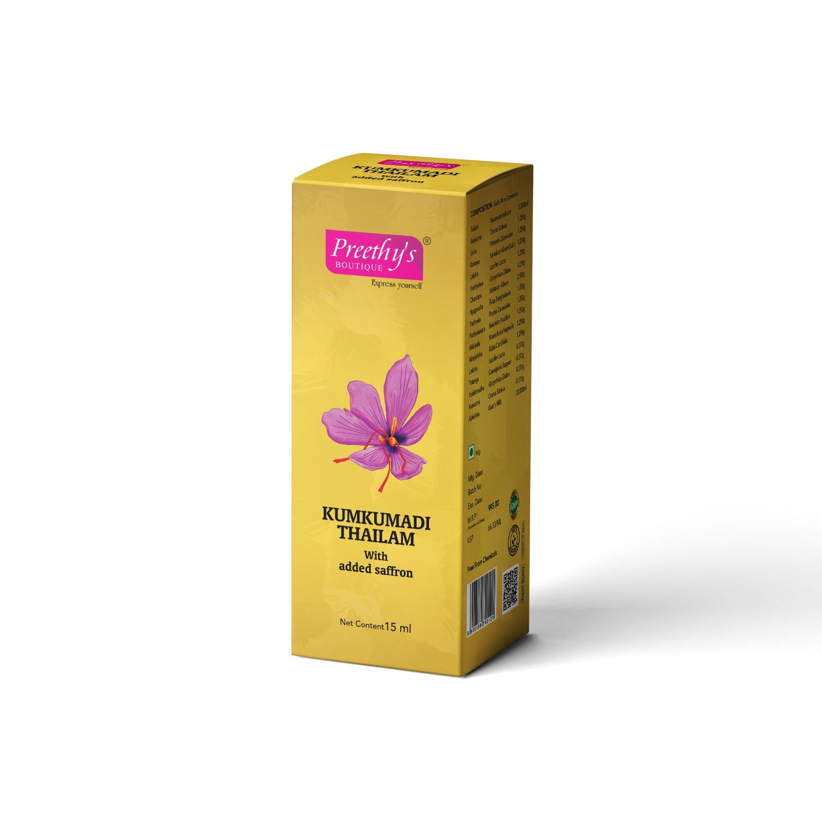 Preethy's Boutique Kumkumadi Oil 15ml - Saffron Face Oil for Skin Glow